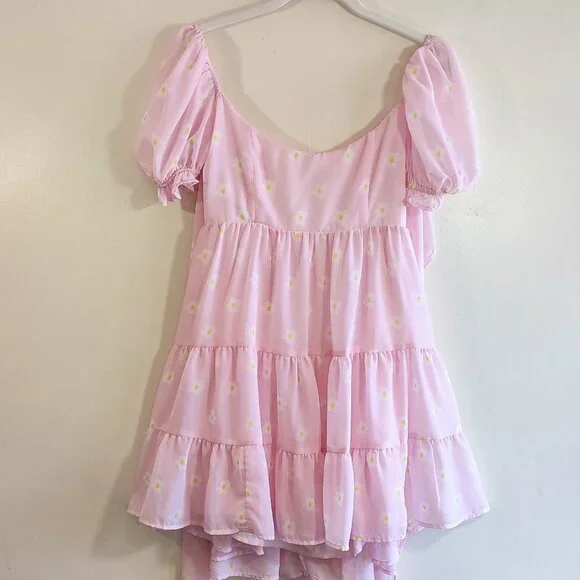 Lucy in the Sky Pink Ruffled Babydoll Dress Floral Daisy Puff Sleeves Sz Medium - Picture 3 of 11